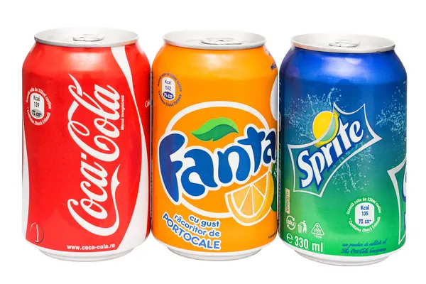 Latas de Coca-Cola, Fanta e Sprite Isoladas — Fotografia de Stock
