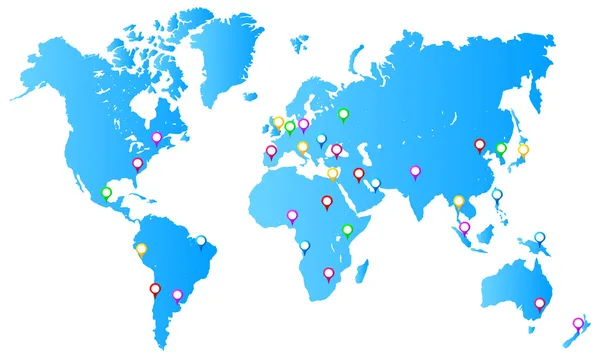En önemli şehri başkentleri pimleri dünya haritası üzerinde göster — Stok Vektör