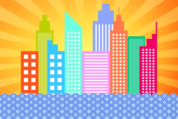 Orașul modern Skyline zgârie-nori pe răsăritul soarelui — Vector de stoc