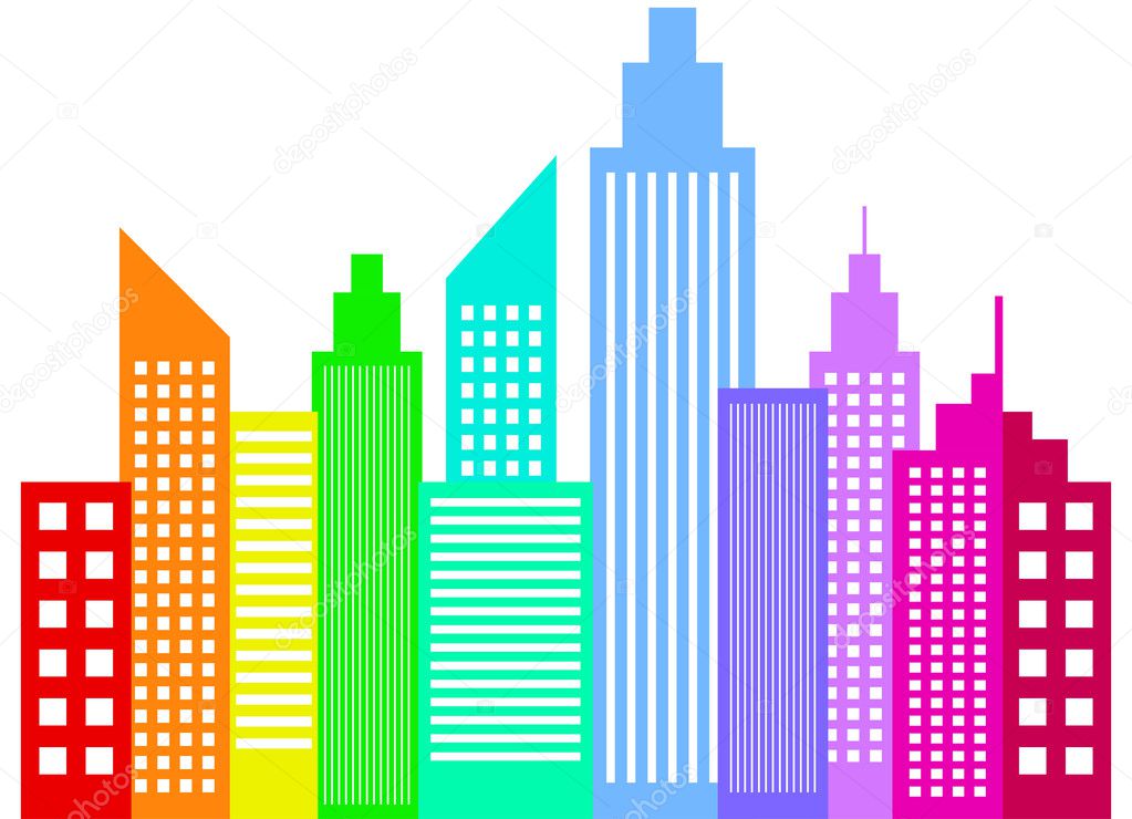 Rainbow Colored Modern City Skyscrapers Buildings Silhouettes