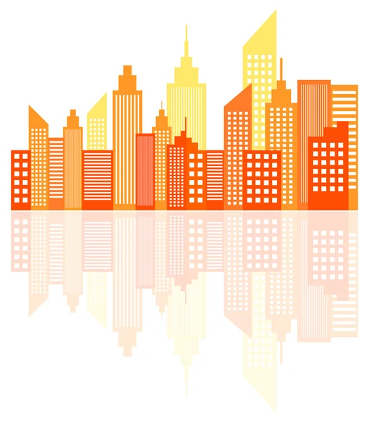 Πορτοκαλί ηλιοβασίλεμα σύγχρονη πόλη ουρανοξύστες στον ορίζοντα — Διανυσματικό Αρχείο