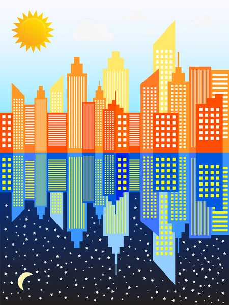 Modern City Skyscrapers Skyline Day And Night — Stock Vector