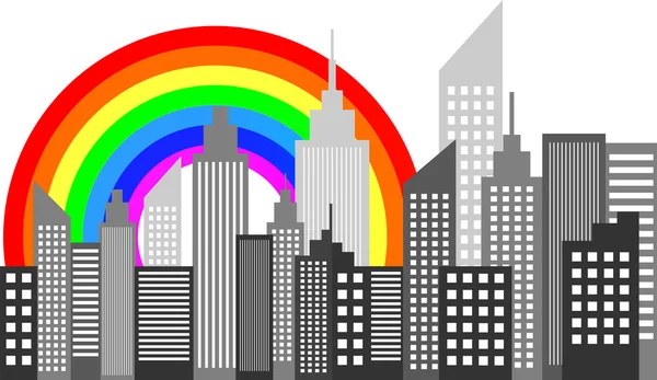 City Skyscrapers Skyline With Rainbow — Stock Vector