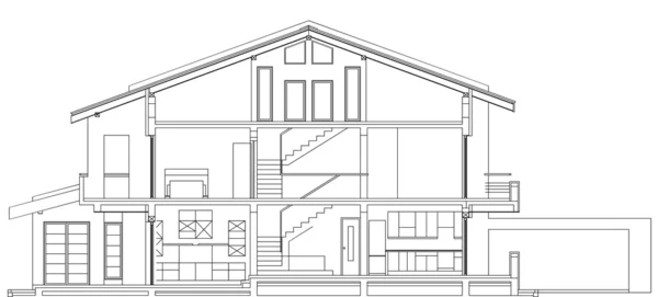 Modern American House Facade Section Architectural Blueprint — Stock Vector