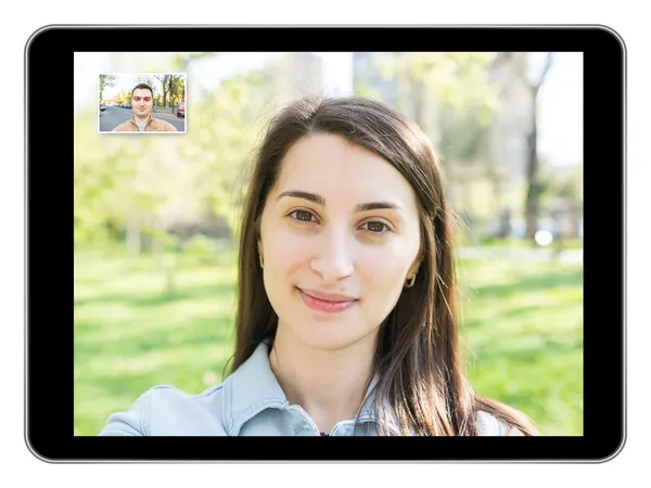 Video chiamata sul moderno tablet nero — Foto Stock