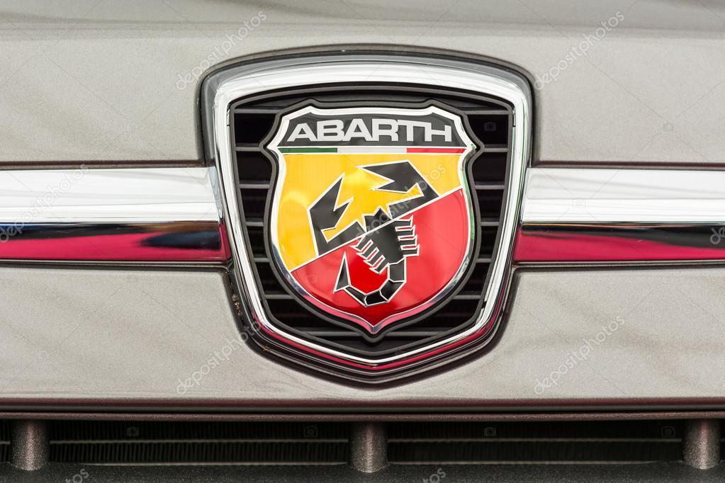 BUCHAREST, ROMANIA - APRIL 04, 2014: Abarth Sign Close Up. Is a racing car and road car maker founded by Carlo Abarth of Turin in 1949, the logo is a shield with a stylized scorpion.