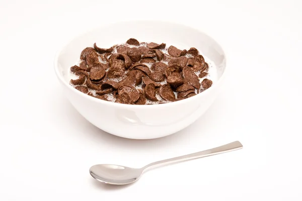 Cuenco de desayuno por la mañana con cereales y cuchara — Foto de Stock