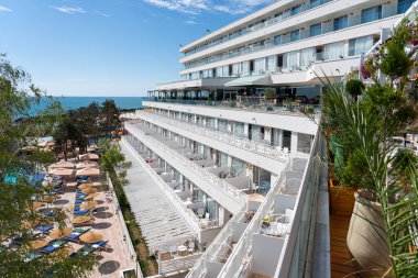 OLIMP, ROMANIA - AUGUST 19, 2020: Olimp Luxurious Holiday Resort, Hotels And Beach At The Black Sea During Summer With Crowded People Enjoying The Hot Weather