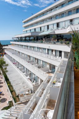 OLIMP, ROMANIA - AUGUST 19, 2020: Olimp Luxurious Holiday Resort, Hotels And Beach At The Black Sea During Summer With Crowded People Enjoying The Hot Weather