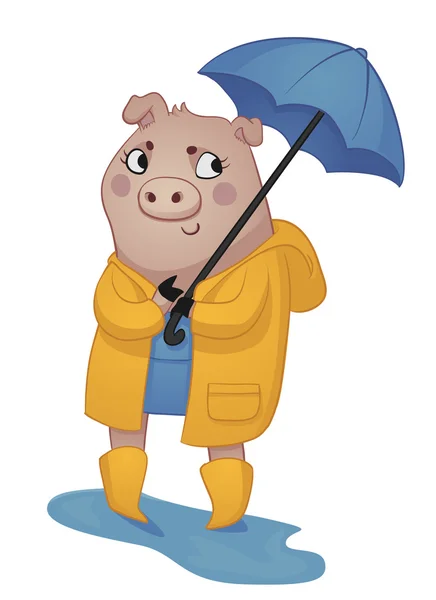Cartoon Pig in Rain Gear - Stok Vektor