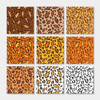 Düşen leopar ya da meşe yapraklarından yapılmış jaguar desenli. Sonbahar renklerinde moda bir hayvan baskısı. Kumaş, tekstil, duvar kağıdı, ambalaj kağıdı vs. için vektör arkaplan kümesi.