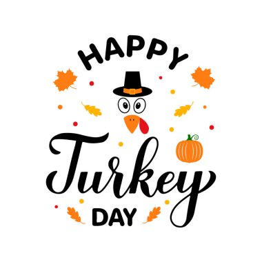 Hindi Günü 'nde güzel hindilerle kaligrafi yazıların kutlu olsun. Şükran Günü tipografi posteri. Tebrik kartı, afiş, broşür, etiket, tişört vs. için vektör şablonu.