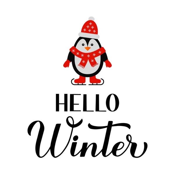 Hallo Winter Kalligrafie Hand Belettering Met Schattige Pinguïn Inspirerende Seizoensgebonden — Stockvector