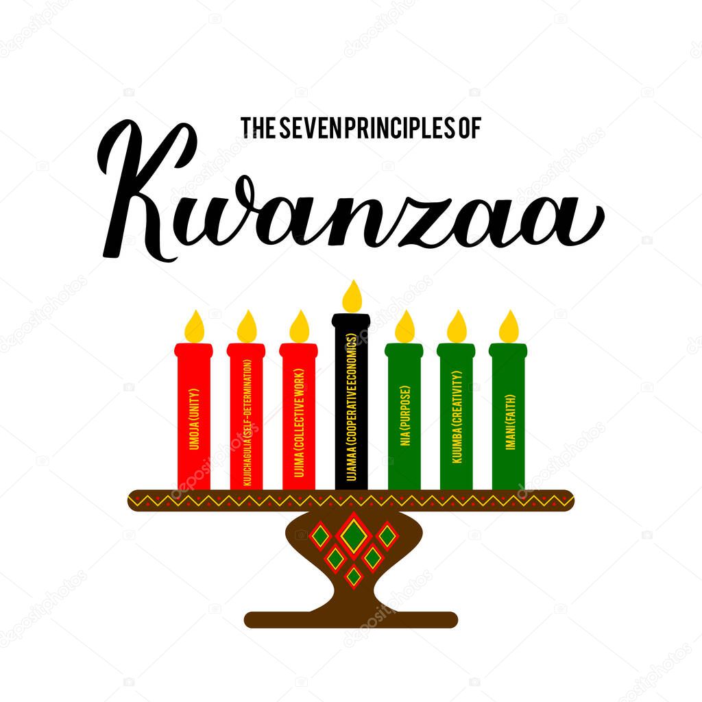 The Seven Principles of Kwanzaa. African American Christmas. Vector template for typography poster, banner, greeting card, postcard, sticker, flyer