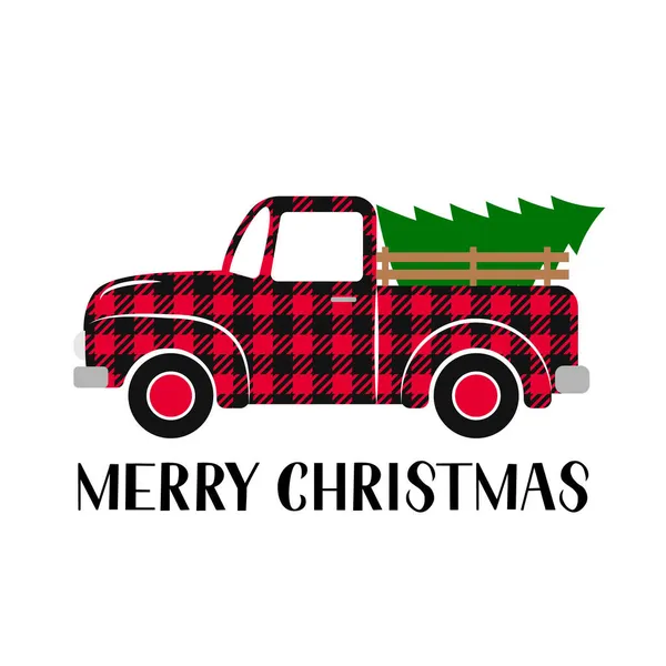 Weihnachten Retro-Truck. Rotbüffel-Karomuster. Oldtimer-Pickup liefert Baum. Vektorvorlage für Grußkarte, Banner, Plakat, Flyer, etc. — Stockvektor