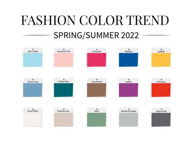 Moda Rengi Trend İlkbaharı 2022. Renkli palet rehberi. Renkli kumaş örnekleri. Yaratıcı tasarımlarınız için vektör şablonunu düzenlemek kolay