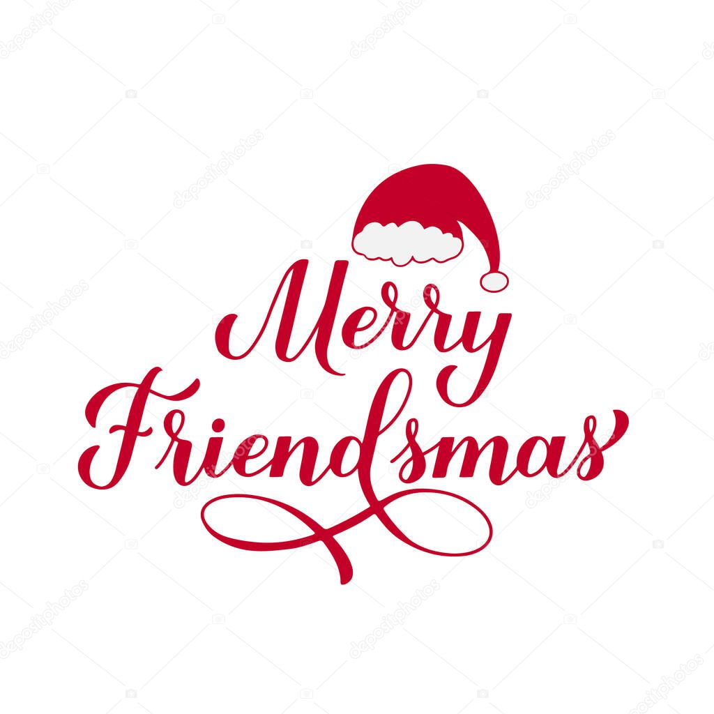 Merry Friendsmas calligraphy hand lettering. Funny Christmas quote. Winter holidays pun. Vector template for typography poster, banner, greeting card, sticker, etc.