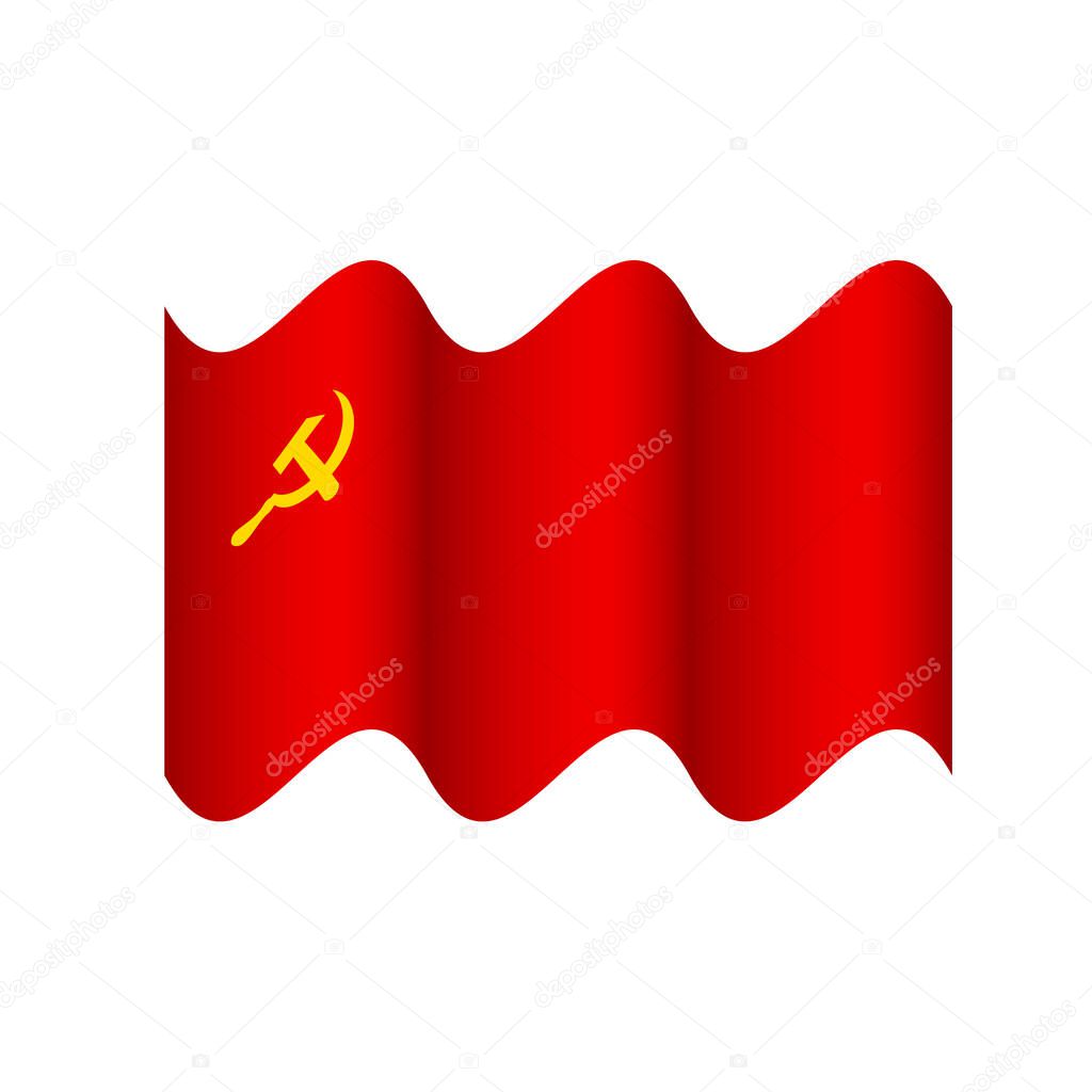 Wavy flag of USSR isolated on white. Soviet Union symbol. Star, hammer and sickle.  Vector template for banner, poster, flyer, etc. 