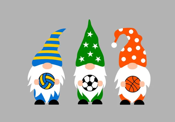 Sport Gnomes Cute Characters Holding Basketball Volleyball Soccer Balls Vector — стоковый вектор