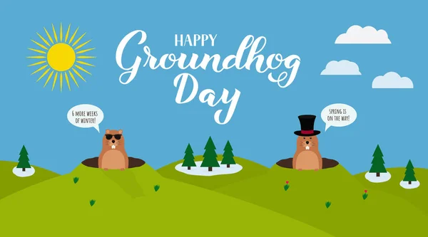 Groundhog Day Banner Calligraphy Hand Lettering Cute Cartoon Marmots Crawling — Stock Vector