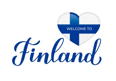 Finlandiya hattına hoş geldiniz. Beyaz arka planda izole edilmiş kalp şeklinde ulusal bayrak ile el yazısı. Tipografi posteri, kartpostal, afiş, afiş, etiket, tişört vs. için vektör şablonu