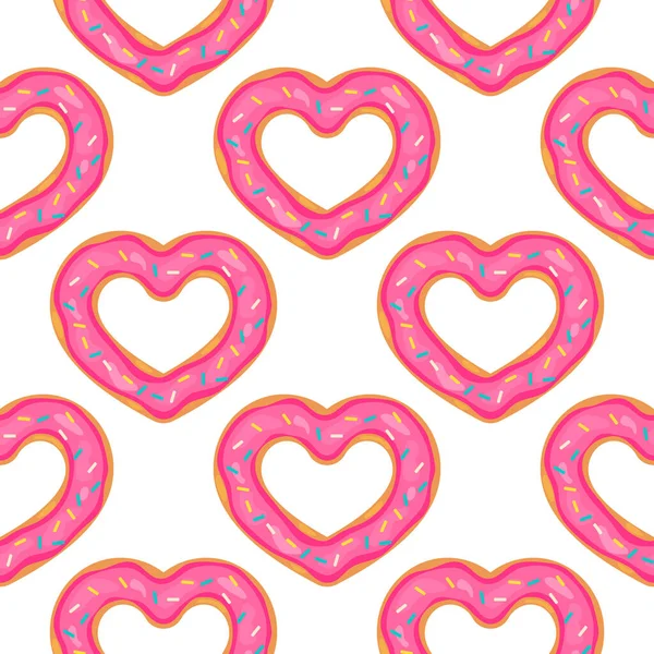 심장 도너츠 물기없는 패턴. 흰색 배경에 핑크 색 유약 이 있는 귀여운 만화 도넛. 발렌틴데 이 백 드롭. 인사 카드, 직물, 선물 패키지, 포장지등을 위한 벡터 템플릿 — 스톡 벡터