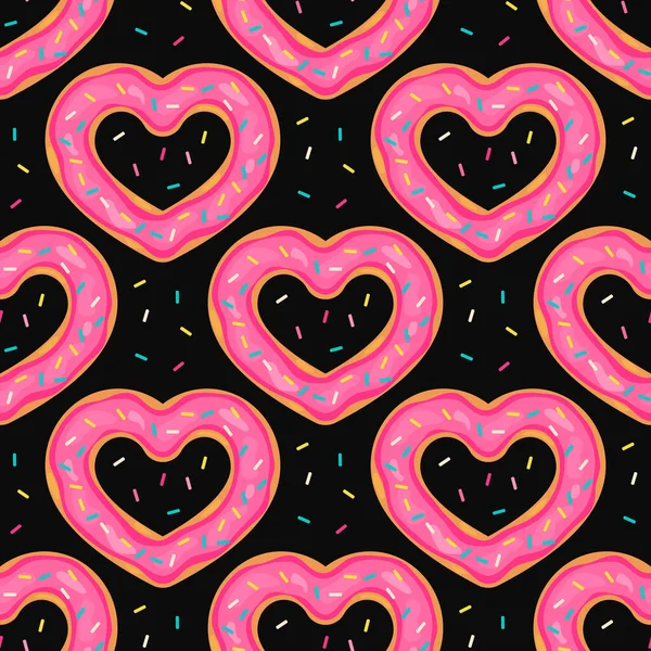 Coeur Donut motif sans couture. beignets de dessin animé mignon avec glaçure rose sur fond noir. Fête des Valentines en toile de fond. Modèle vectoriel pour carte de vœux, tissu, emballage cadeau, papier d'emballage, etc. — Image vectorielle