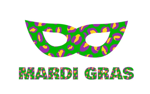 マルディ・グラースヒョウのレタリングと仮面舞踏会の仮面。ニューオーリンズの脂肪火曜日の伝統的なカーニバル。バナー、チラシ、パーティー招待状等のベクターテンプレート — ストックベクタ