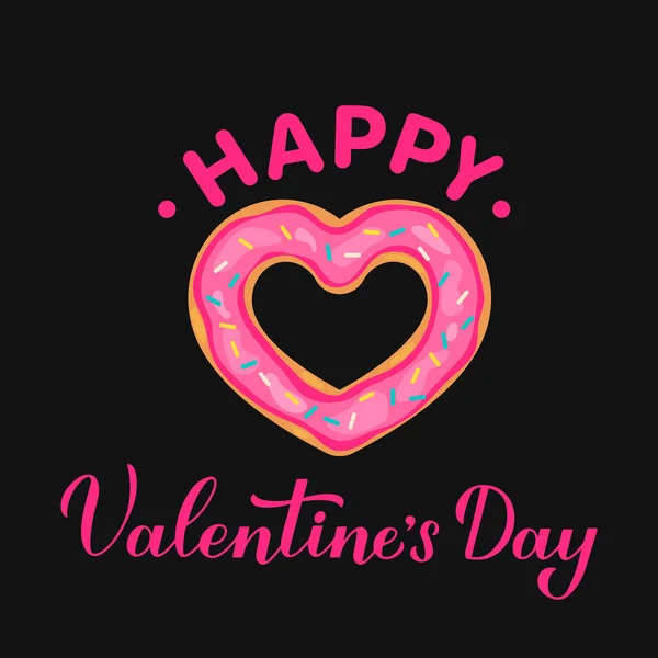 Happy Valentines Day Kalligrafie Handschrift mit rosa glasiertem Donut. Vektorvorlage für Grußkarte, Flyer, Banner, Aufkleber, T-Shirt usw. — Stockvektor