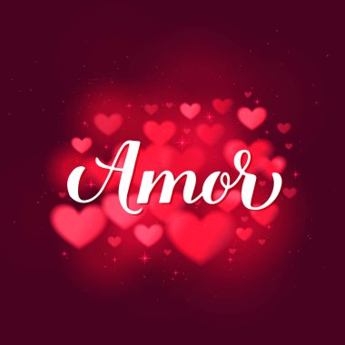 Kırmızı bulanık kalp arka planında el yazısı harfleri var. İspanyolca aşk. Sevgililer Günü tipografi posteri. Pankart, kartpostal, tebrik kartı, broşür vs. için vektör şablonu.