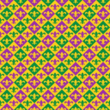 Mardi Gras kusursuz desen. Fleur de lis 'in geçmişi incelendi. Yeşil, mor ve sarı arka plan. Karnaval dekorasyonları için vektör şablonu. 