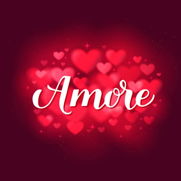 Amore Calligraphie Lettrage Main Sur Fond Rouge Flou Coeurs Amour — Image vectorielle