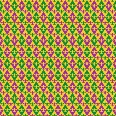 Mardi Gras kusursuz desen. Fleur de lis 'in geçmişi incelendi. Yeşil, mor ve sarı arka plan. Karnaval dekorasyonları için vektör şablonu. 