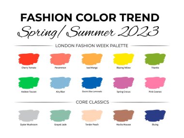 Moda Rengi Trend Yazı 2023. Renkli palet rehberi. Renkli fırça darbeleri ve isim örnekleri. Yaratıcı tasarımlarınız için vektör şablonunu düzenlemek kolay.