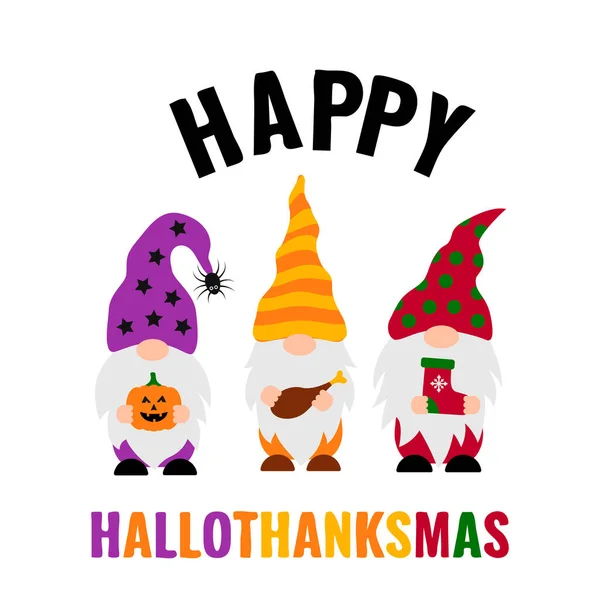 Feliz Hallothanksmas Lindos Gnomos Navidad Acción Gracias Halloween Plantilla Vectorial — Archivo Imágenes Vectoriales