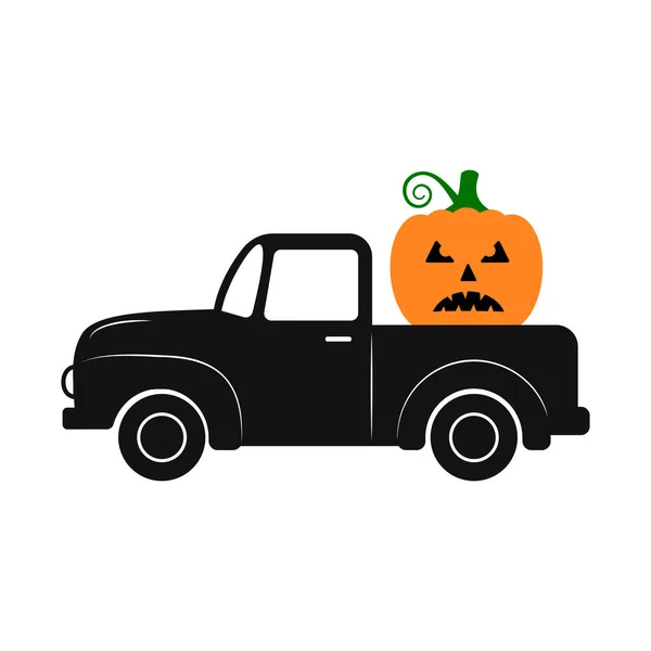 Halloween Retro Truck Pumpkin Vector Template Typography Poster Banner Flyer — Stock Vector