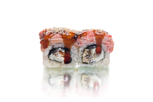 Two Pieces Japanese Baked Out Sushi Roll Flying Fish Roe — Stock Photo, Image