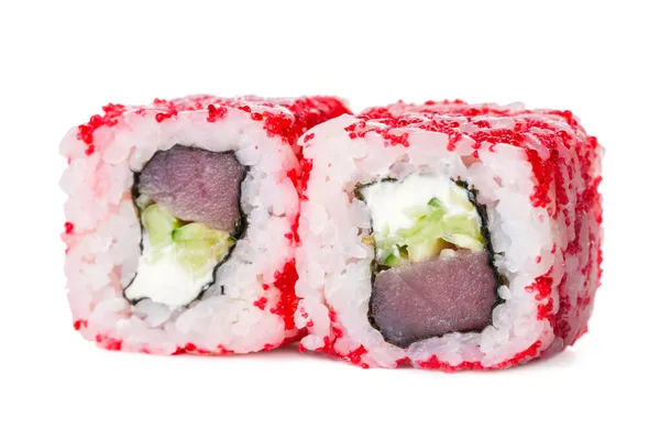 Boční Pohled Dva Kusy Japonské Sushi Roll Červenou Létající Ryby — Stock fotografie
