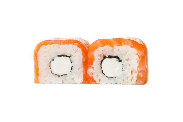 Due Pezzi Rotolo Sushi Giapponese Con Fetta Salmone Sulla Parte — Foto Stock