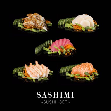 Japon saşimi suşisi, somon, ton balığı, yılan balığı, istiridye ve siyah arka planda izole edilmiş karides. Metin alanı ile menü pankartı tanıtılıyor. Deniz ürünleri çeşitleri