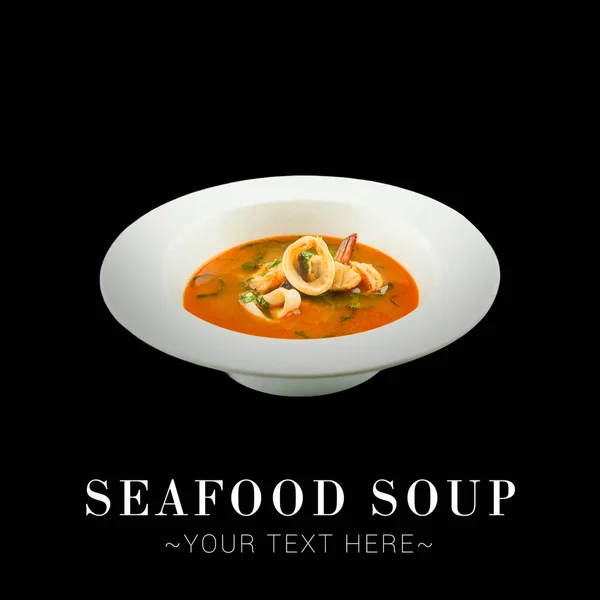 French seafood soup with white fish fillet, mussels, shrimp, squid, fresh basil and leek. Traditional soup with rockfish and mussel served in plate. isolated on black background. Text space web banner