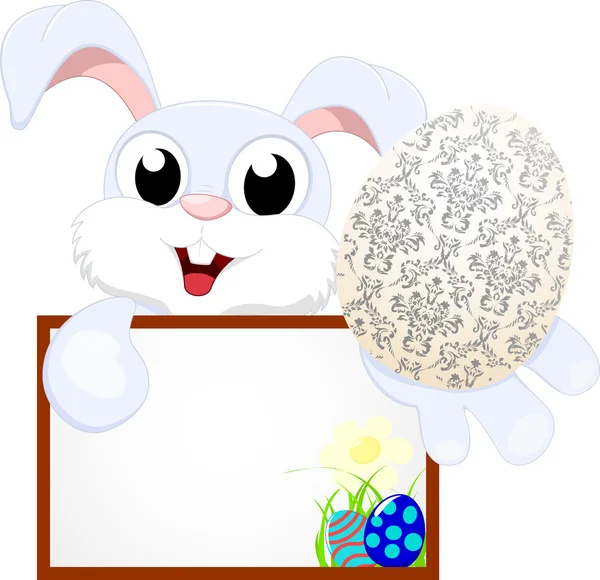 Lindo conejito con huevo de Pascua con signo en blanco — Vector de stock