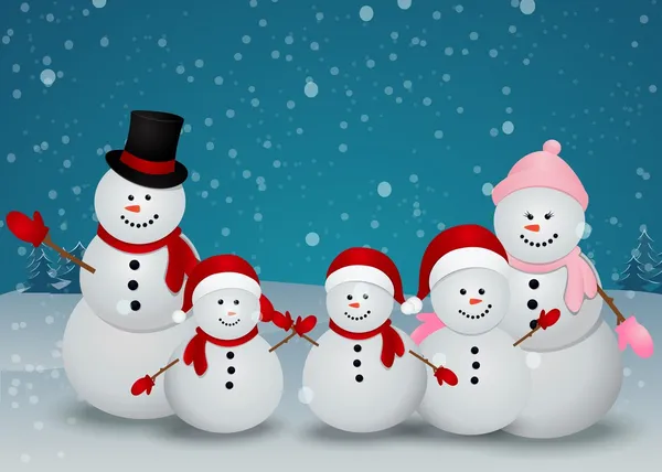 Kerstkaart met sneeuwpop en familie — Stockvector