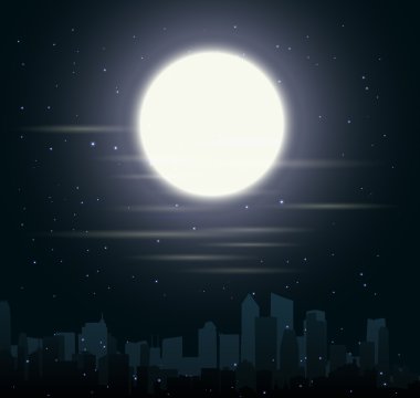 Şehir silueti ile gece ve ay