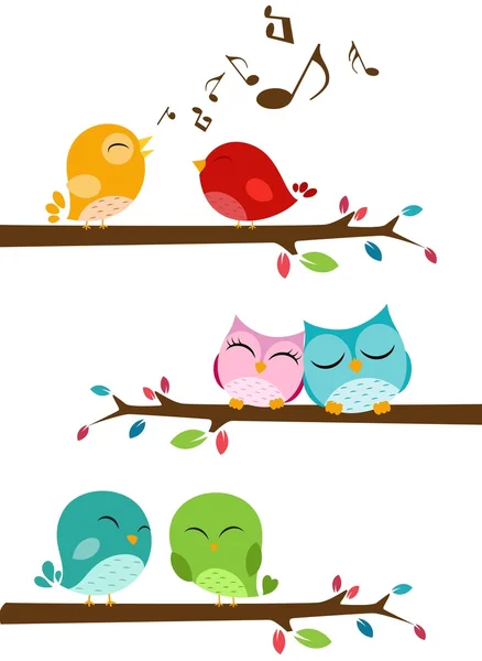 Pájaros cantando en la rama — Vector de stock