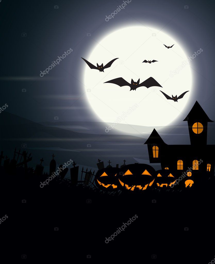 Halloween background with full moon and scary pumpkins