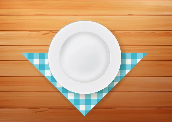 Assiette avec serviette sur fond bois — Image vectorielle