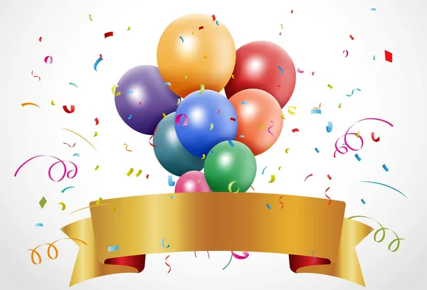 Celebração de aniversário colorido com balão e fita — Vetor de Stock