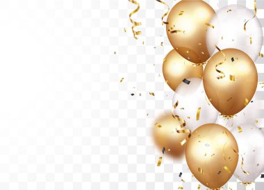 Altın konfeti ve balonlarla, şeffaf arkaplanda izole edilmiş kutlama afişinin vektör illüstrasyonu