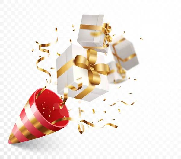 Векторна Ілюстрація Подарункової Коробки Золотим Конфетті Повітряними Кулями Ізольовані Прозорому — стоковий вектор
